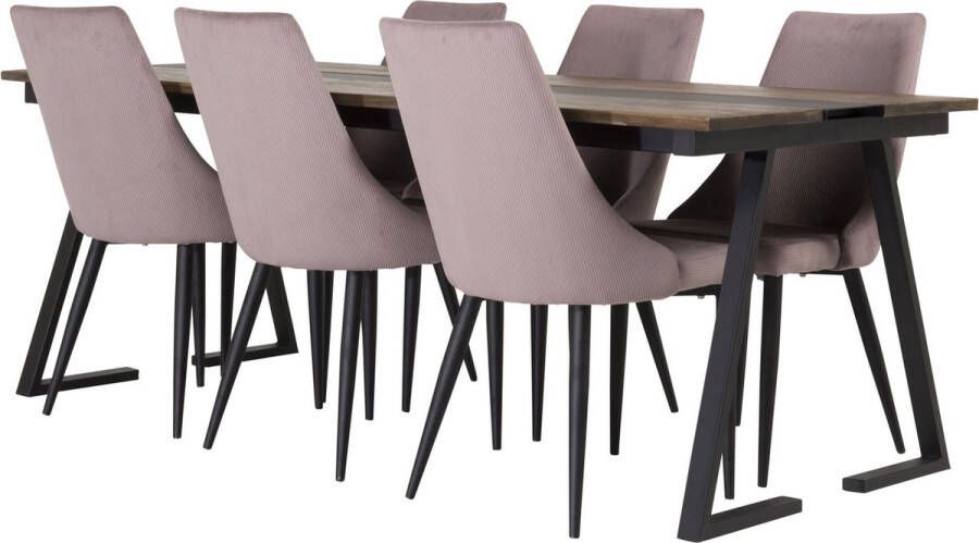 Hioshop Jakarta eethoek eetkamertafel teakhout en 6 Leone eetkamerstal fluweel roze zwart.