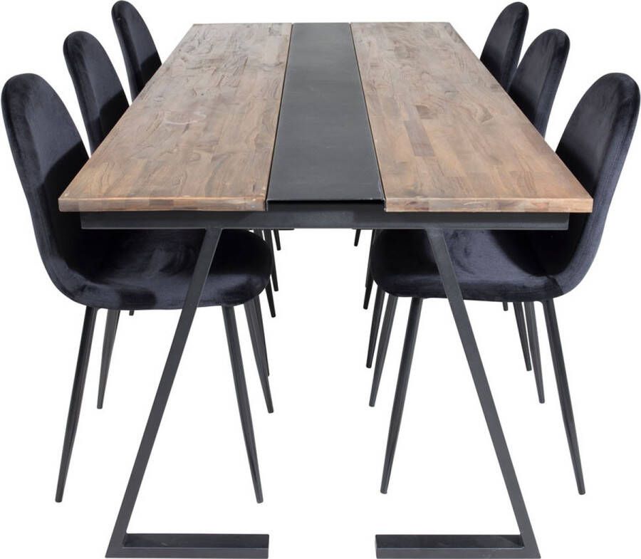 Hioshop Jakarta eethoek eetkamertafel teakhout en 6 Polar eetkamerstal velours zwart.