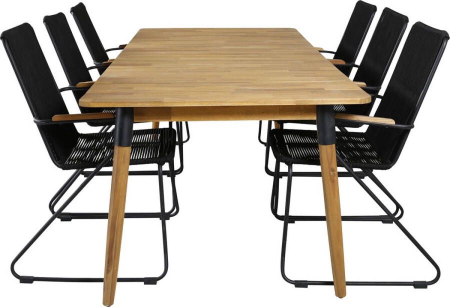 Hioshop Julian Tuinmeubelset Tafel 100x210cm En 6 Stoel Armleuning Bois Zwart Naturel.