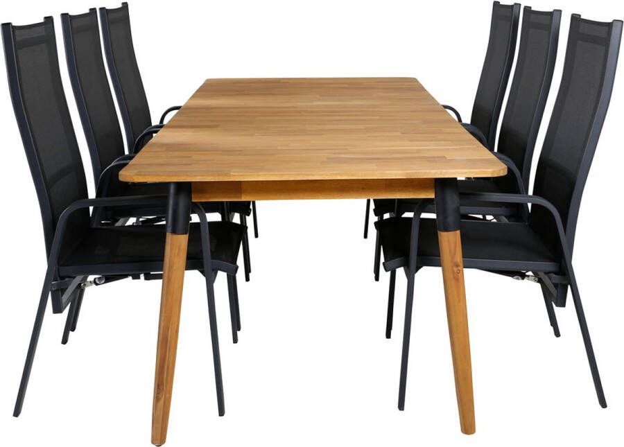 Hioshop Julian Tuinmeubelset Tafel 100x210cm En 6 Stoel Copacabana Zwart Naturel.