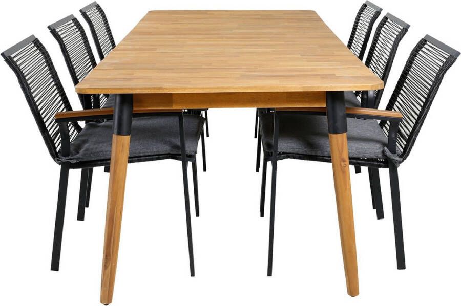 Hioshop Julian Tuinmeubelset Tafel 100x210cm En 6 Stoel Dallas Zwart Naturel.
