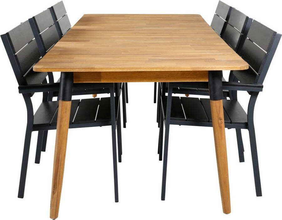 Hioshop Julian tuinmeubelset tafel 100x210cm en 6 stoel Levels zwart naturel