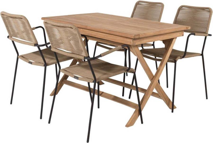Hioshop Kenya tuinmeubelset tafel 70x120cm naturel 4 stoelen Lindos bruin