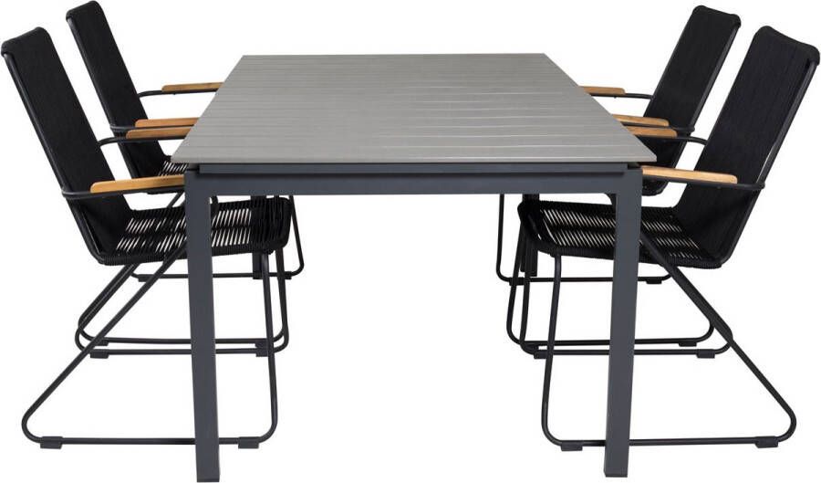 Hioshop Levels Tuinmeubelset Tafel 100x160 240cm En 4 Stoel Armleuning Bois Zwart Grijs.