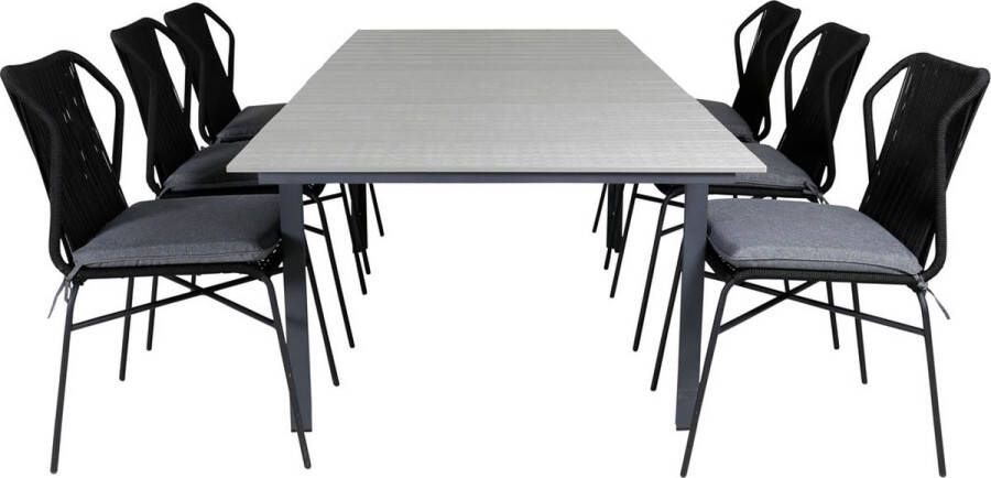 Hioshop Levels tuinmeubelset tafel 100x160 240cm en 6 stoel Julian zwart grijs