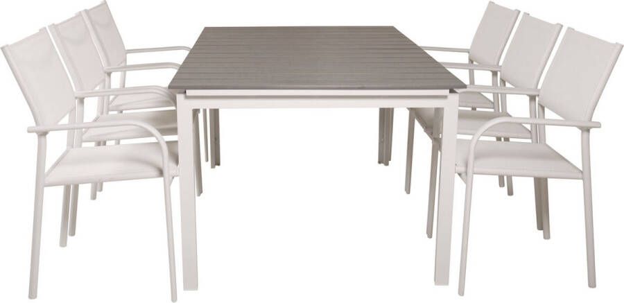 Hioshop Levels tuinmeubelset tafel 100x160 240cm en 6 stoel Santorini wit grijs