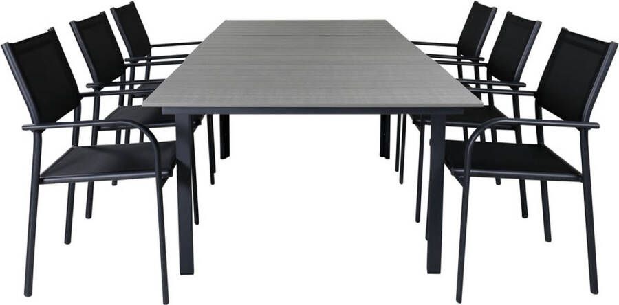 Hioshop Levels tuinmeubelset tafel 100x160 240cm en 6 stoel Santorini zwart grijs