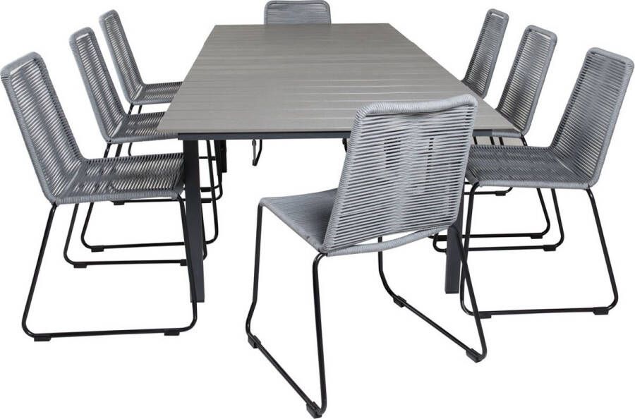 Hioshop Levels Tuinmeubelset Tafel 100x160 240cm En 8 Stoel Lindos Zwart Grijs.