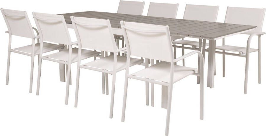 Hioshop Levels tuinmeubelset tafel 100x160 240cm en 8 stoel Santorini wit grijs