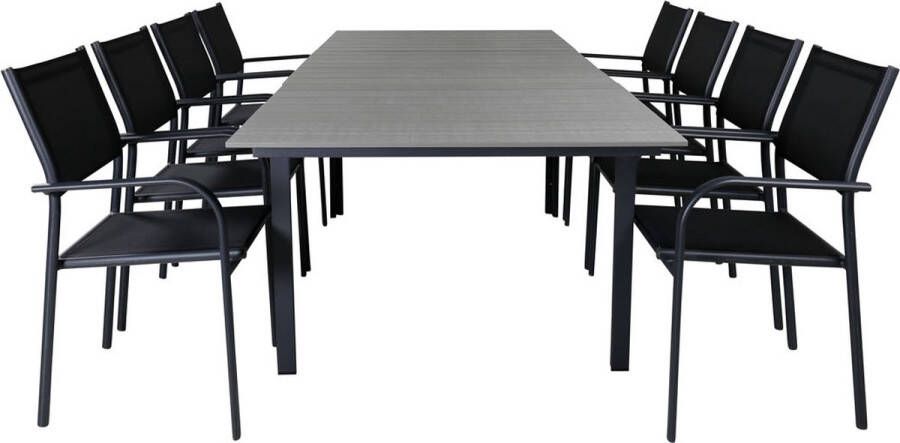 Hioshop Levels tuinmeubelset tafel 100x160 240cm en 8 stoel Santorini zwart grijs