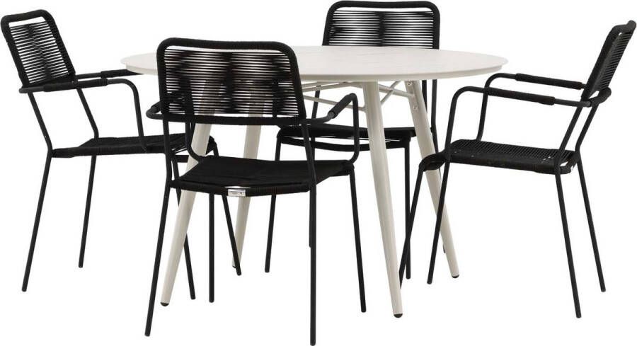 Hioshop Lina tuinmeubelset tafel Ø120cm beige 4 stoelen Lindos zwart