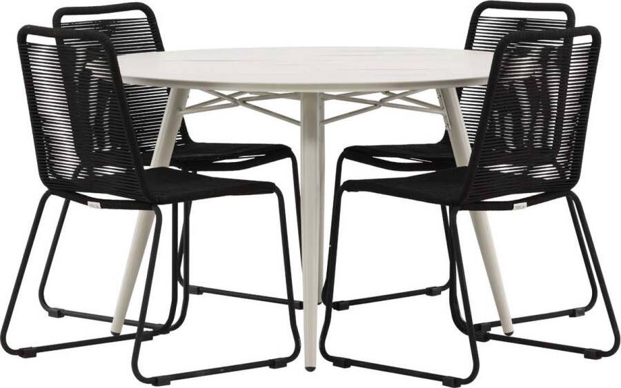 Hioshop Lina tuinmeubelset tafel Ø120cm beige 4 stoelen Lindos zwart