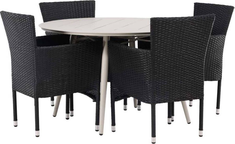 Hioshop Lina tuinmeubelset tafel Ø120cm beige 4 stoelen Malina zwart