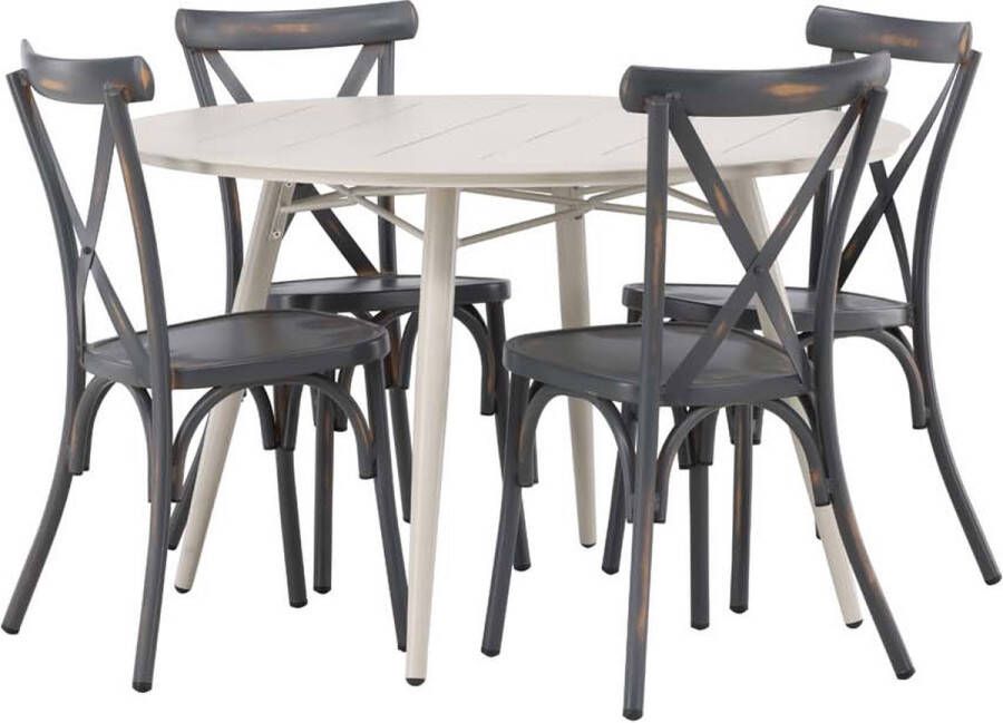 Hioshop Lina tuinmeubelset tafel Ø120cm beige 4 stoelen Peking donkergrijs