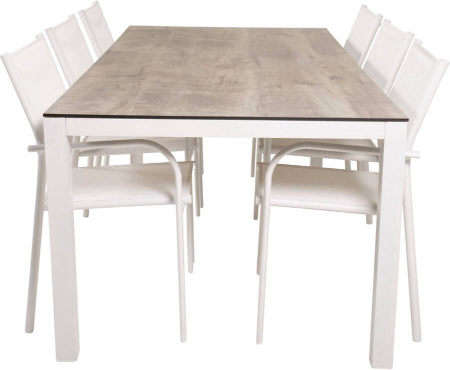 Hioshop Llama tuinmeubelset tafel 100x205cm en 6 stoel Santorini wit grijs crèmekleur