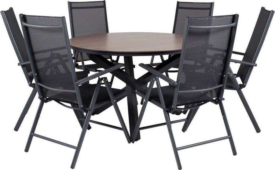 Hioshop Llama Tuinmeubelset Tafel Ø120cm En 6 Stoel Break Zwart Bruin.