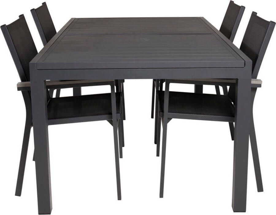 Hioshop Marbella tuinmeubelset tafel 100x160 240cm en 4 stoel Parma zwart