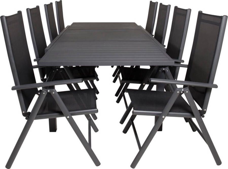 Hioshop Marbella Tuinmeubelset Tafel 100x160 240cm En 8 Stoel Break Zwart.