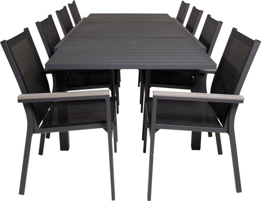 Hioshop Marbella tuinmeubelset tafel 100x160 240cm en 8 stoel Parma zwart
