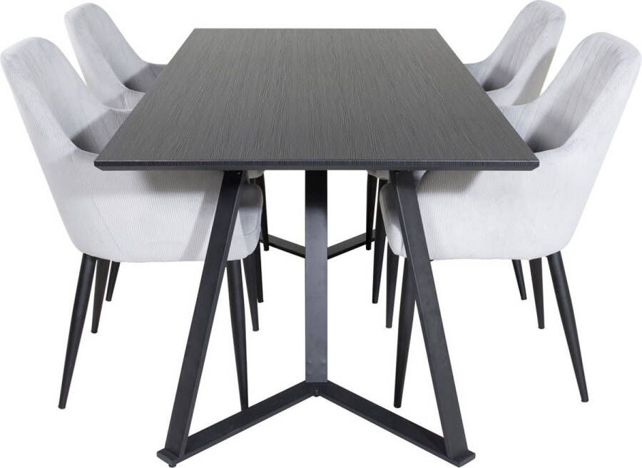 Hioshop MarinaBLBL eethoek eetkamertafel zwart en 4 Comfort eetkamerstal fluweel lichtgrijs zwart.