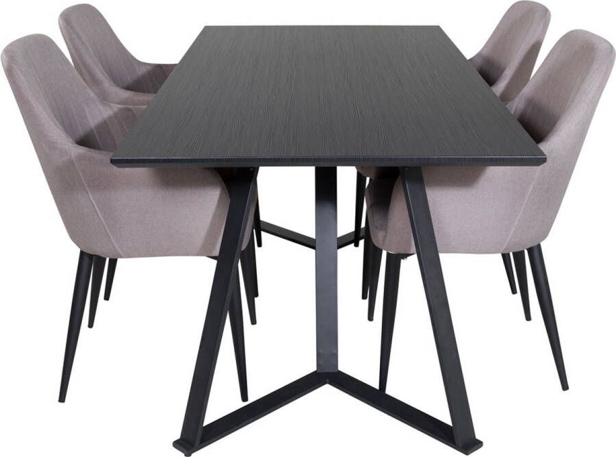 Hioshop MarinaBLBL eethoek eetkamertafel zwart en 4 Comfort eetkamerstal grijs.