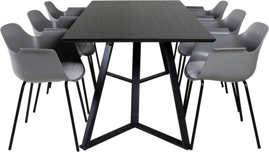 Hioshop MarinaBLBL eethoek eetkamertafel zwart en 6 Comfort eetkamerstal grijs.