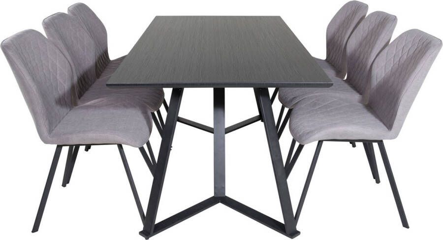Hioshop MarinaBLBL eethoek eetkamertafel zwart en 6 Gemma eetkamerstal grijs.