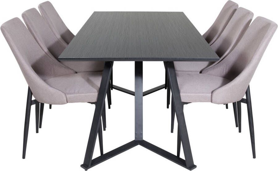 Hioshop MarinaBLBL eethoek eetkamertafel zwart en 6 Leone 2.0 eetkamerstal grijs zwart.