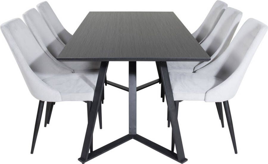 Hioshop MarinaBLBL eethoek eetkamertafel zwart en 6 Leone eetkamerstal fluweel lichtgrijs zwart.