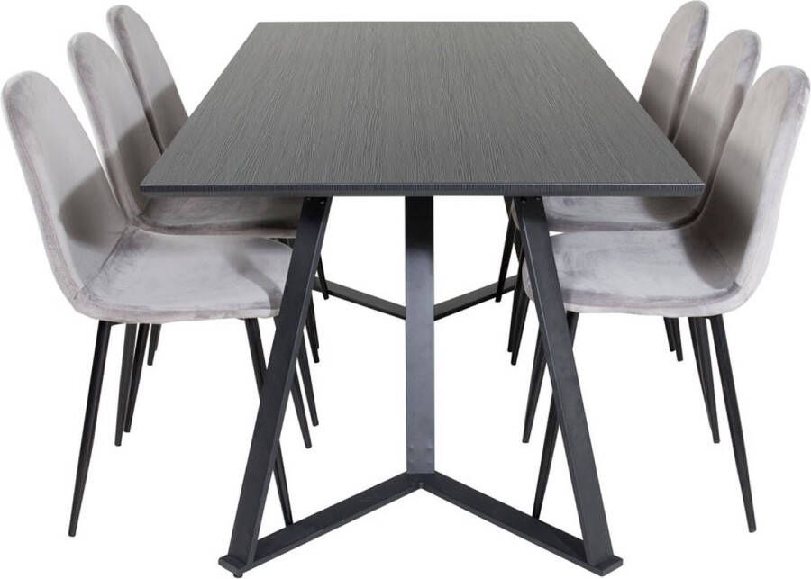 Hioshop MarinaBLBL eethoek eetkamertafel zwart en 6 Polar eetkamerstal velours grijs.