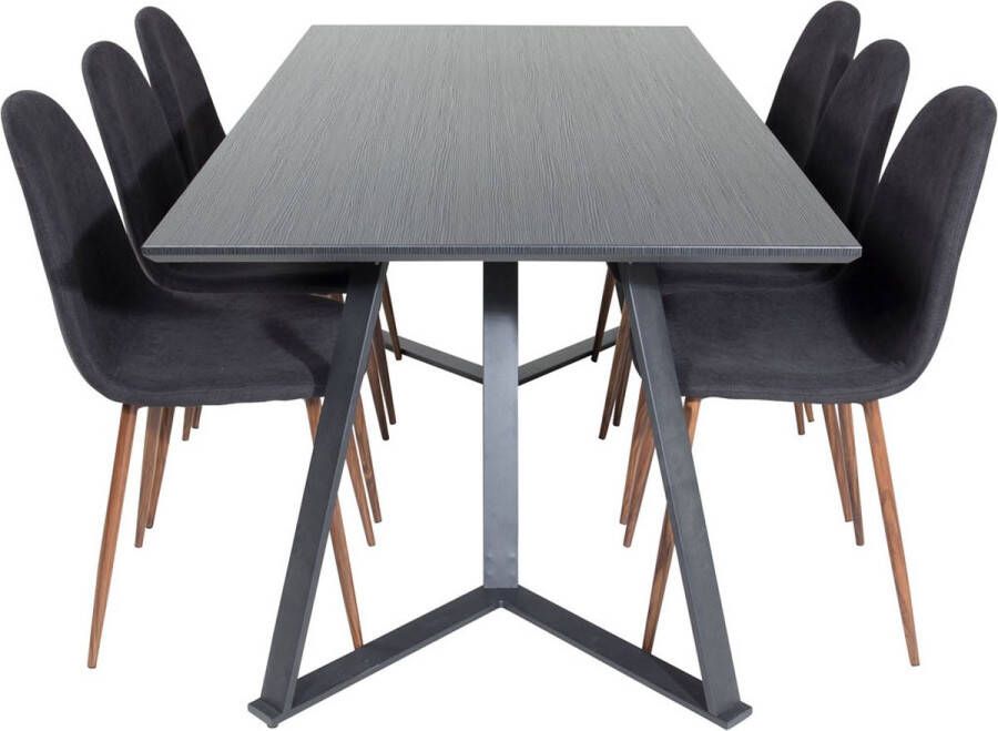 Hioshop MarinaBLBL eethoek eetkamertafel zwart en 6 Polar eetkamerstal zwart.