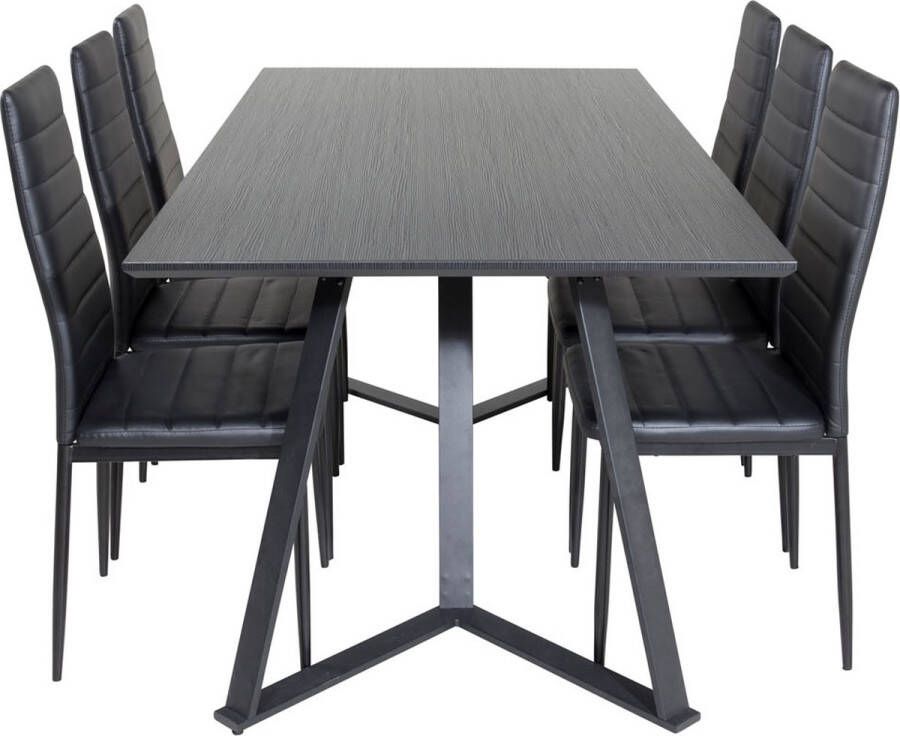 Hioshop MarinaBLBL eethoek eetkamertafel zwart en 6 Slim High Back eetkamerstal PU kunstleer zwart.