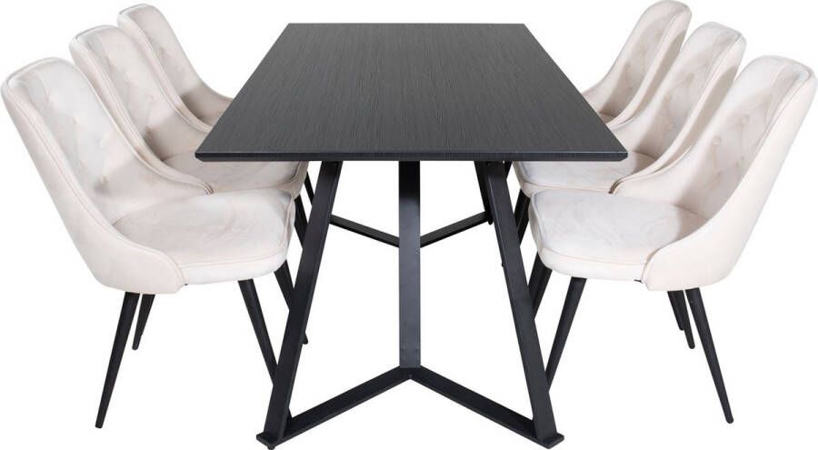 Hioshop MarinaBLBL eethoek eetkamertafel zwart en 6 Velvet Deluxe eetkamerstal velours beige zwart.