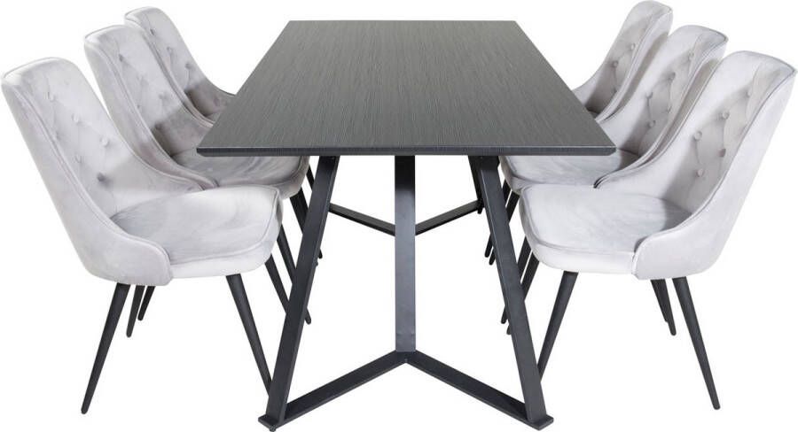 Hioshop MarinaBLBL eethoek eetkamertafel zwart en 6 Velvet Deluxe eetkamerstal velours lichtgrijs.
