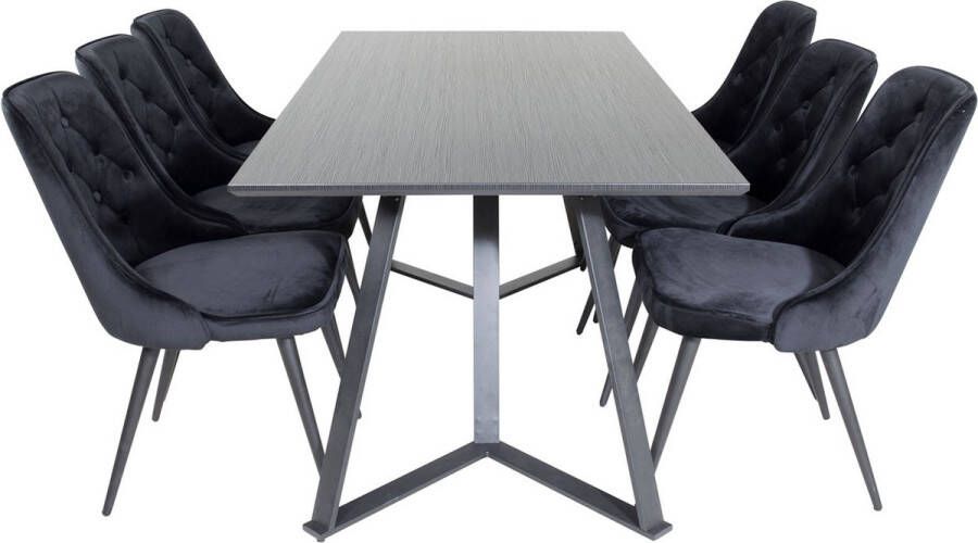 Hioshop MarinaBLBL eethoek eetkamertafel zwart en 6 Velvet Deluxe eetkamerstal velours zwart.