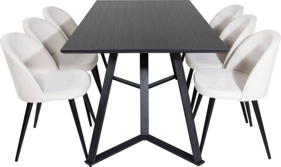 Hioshop MarinaBLBL eethoek eetkamertafel zwart en 6 Velvet eetkamerstal fluweel beige zwart.