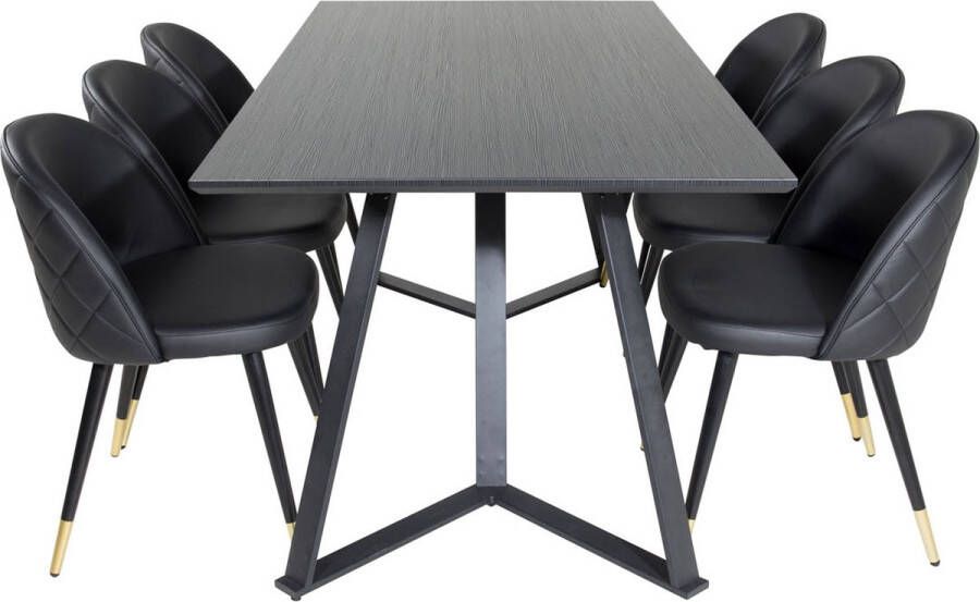 Hioshop MarinaBLBL eethoek eetkamertafel zwart en 6 Velvet eetkamerstal PU kunstleer zwart.