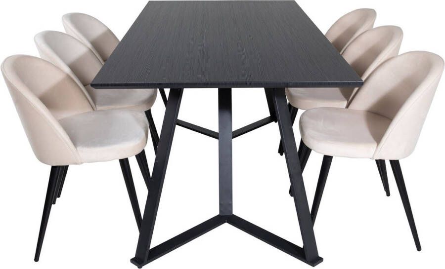 Hioshop MarinaBLBL eethoek eetkamertafel zwart en 6 Velvet eetkamerstal velours beige zwart.