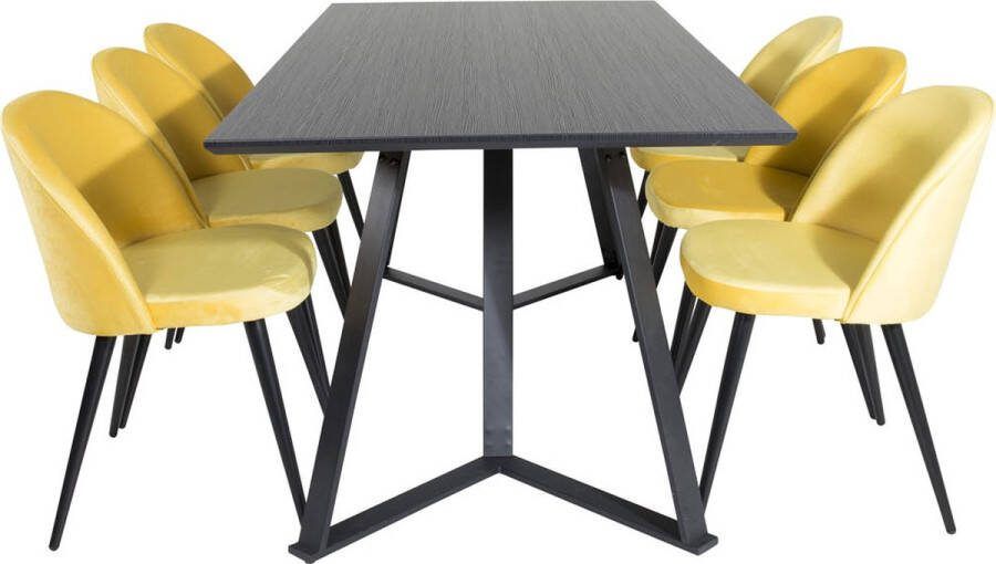 Hioshop MarinaBLBL eethoek eetkamertafel zwart en 6 Velvet eetkamerstal velours geel zwart.