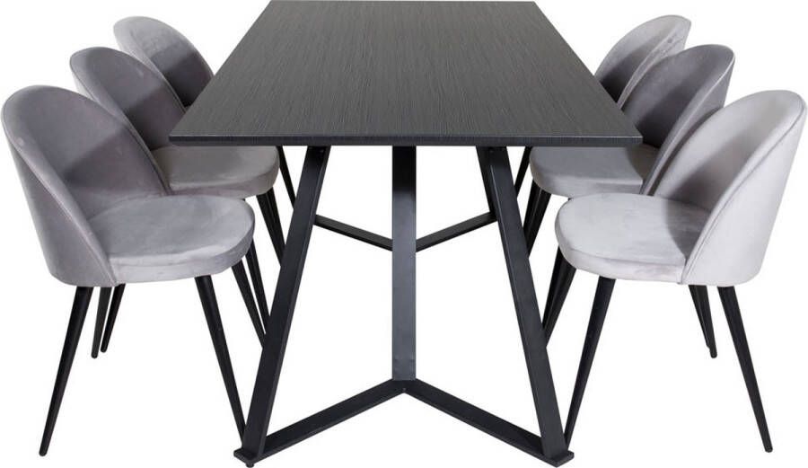 Hioshop MarinaBLBL eethoek eetkamertafel zwart en 6 Velvet eetkamerstal velours lichtgrijs.