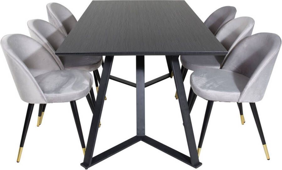 Hioshop MarinaBLBL eethoek eetkamertafel zwart en 6 Velvet eetkamerstal velours lichtgrijs.