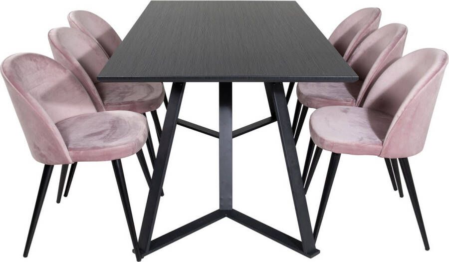 Hioshop MarinaBLBL eethoek eetkamertafel zwart en 6 Velvet eetkamerstal velours roze zwart.