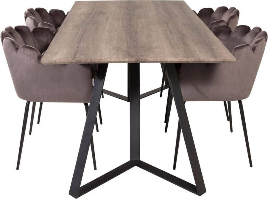Hioshop MarinaGRBL eethoek eetkamertafel el hout decor grijs en 4 Limhamn eetkamerstal velours grijs.