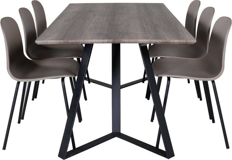 Hioshop MarinaGRBL eethoek eetkamertafel el hout decor grijs en 6 Arctic eetkamerstal khaki zwart.