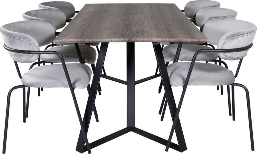 Hioshop MarinaGRBL eethoek eetkamertafel el hout decor grijs en 6 Arrow eetkamerstal velours grijs.