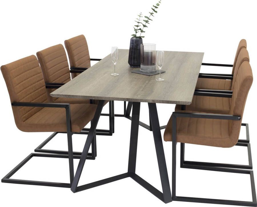 Hioshop MarinaGRBL eethoek eetkamertafel el hout decor grijs en 6 Art eetkamerstal PU kunstleer bruin.