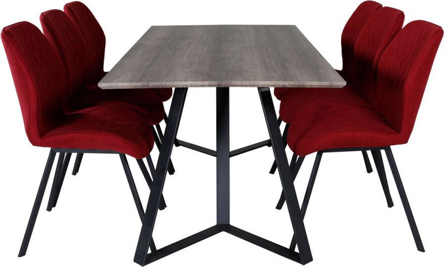 Hioshop MarinaGRBL eethoek eetkamertafel el hout decor grijs en 6 Gemma eetkamerstal rood.