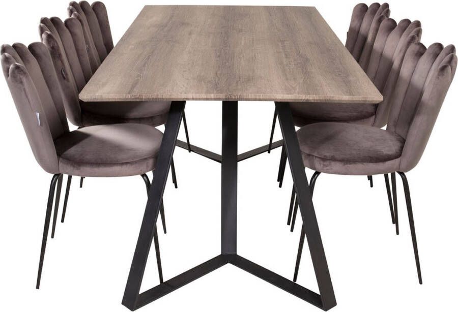 Hioshop MarinaGRBL eethoek eetkamertafel el hout decor grijs en 6 Limhamn eetkamerstal velours grijs.