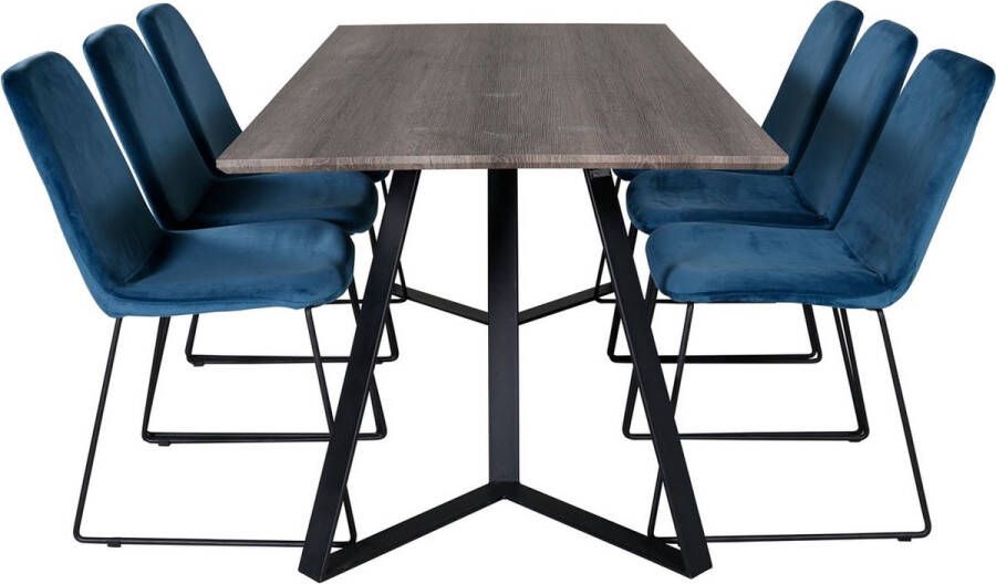 Hioshop MarinaGRBL eethoek eetkamertafel el hout decor grijs en 6 Muce eetkamerstal velours blauw.