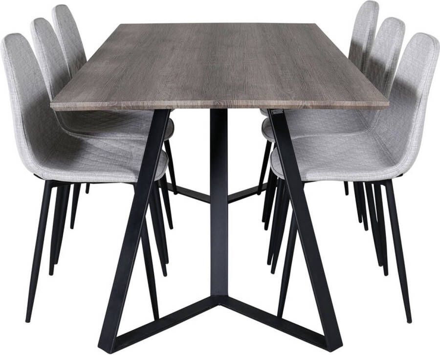 Hioshop MarinaGRBL eethoek eetkamertafel el hout decor grijs en 6 Polar Diamond eetkamerstal grijs.